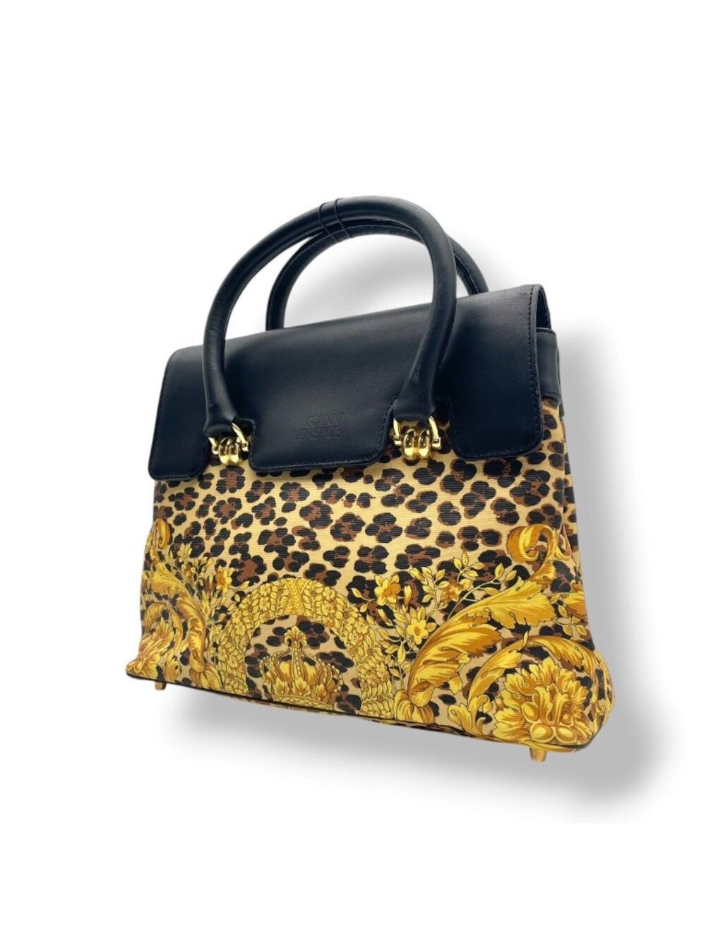 Versace Gianni Handbag Leather Leopard Baroque Black Gold Vintage Top Handle